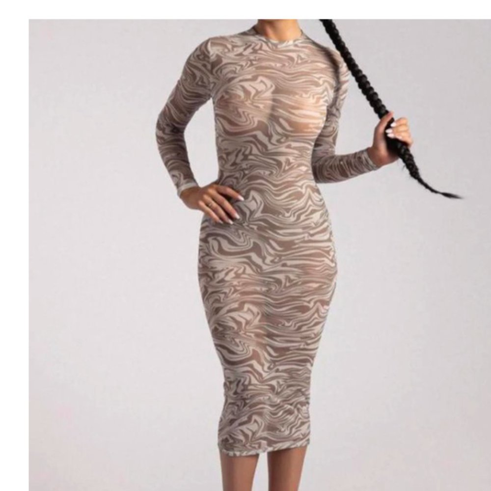 MESHKI BONNIE Mesh Long Sleeve Midi Dress NWT Rare - Picture 4 of 8